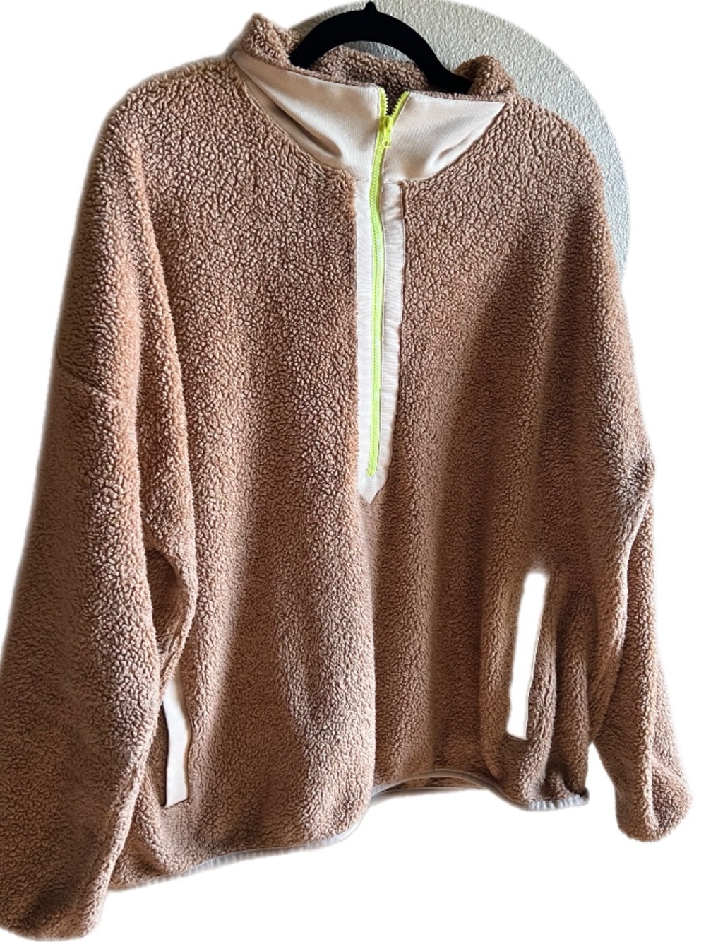 J.Crew Cozy Teddy Fleece Half-Zip Pullover Light Brown‎ with Neon Zip size XXL